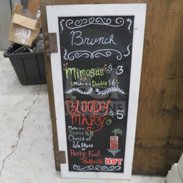 White wooden framed chalkboard, 16x36 inches, with colorful brunch menu text and prices. Good condition.
