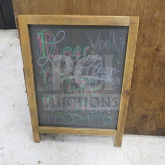 12x16 wooden framed chalkboard with colorful chalk writing, in good condition. Suitable for home or business use.