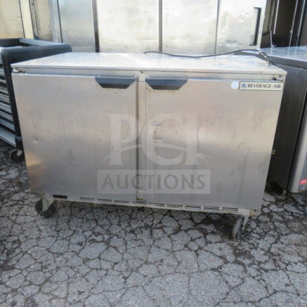 Beverage Air 2-door under-counter refrigerator, model UCR48AHC, with 1 rack, on casters, 48x30x35 inches, 115 Volt.