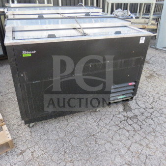 Turbo Air Bottle Box, Model TBC-50SB-N6, 120 Volt, on casters. Dimensions 50x26.5x36. Black exterior, working condition.