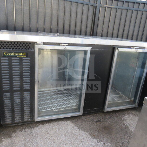 Continental BBC69-GD back bar cooler, two glass doors, four racks. Good condition, 69x28x37.5 in, 115V, $6731.63.