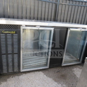 Continental BBC69-GD back bar cooler, two glass doors, four racks. Good condition, 69x28x37.5 in, 115V, $6731.63.