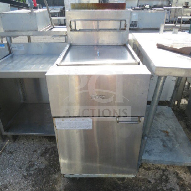 Dean Frymaster 75lb gas deep fryer on casters, model SR162GN, stainless steel, measures 20x35x46, priced at $1979.00.
