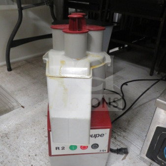 Robot Coupe R2 3 Qt Food Processor, used condition, visible wear. Model R2 featured on base, essential for commercial kitchens.