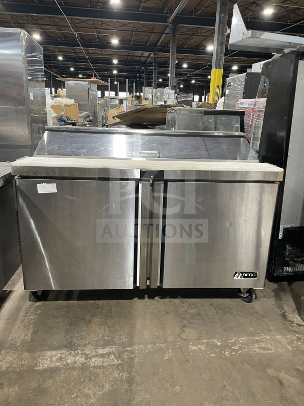 Berg Commercial 60" Stainless Steel 2-Door Mega-Top Sandwich & Salad Prep Table with poly coated rack. Model BERGS60. Serial BERGS600032310120QQ30021.