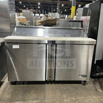 Berg Commercial 60" Stainless Steel 2-Door Mega-Top Sandwich & Salad Prep Table with poly coated rack. Model BERGS60. Serial BERGS600032310120QQ30021.
