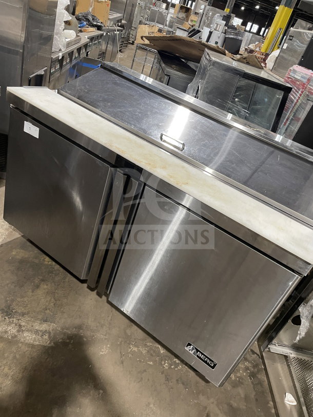 Berg Commercial Stainless Steel 60" 2-Door Sandwich Prep Table, Model BERGS60. Features poly-coated wired rack, used condition.