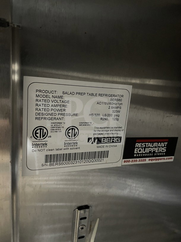 Berg Commercial Stainless Steel 60" Salad Prep Table, Model BERGS60, with poly coated wire rack. Serial: BERGS600032310120QQ30021.