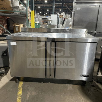 Berg Commercial 60" stainless steel 2-door prep table, Model BERWT60R, with poly-coated wired rack. Good condition.