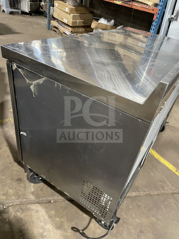 Berg BERWT60R 60" stainless steel 2-door prep table with poly-coated rack, slight wear, working condition, SN: BEREWT60R0032310120QQ30009.