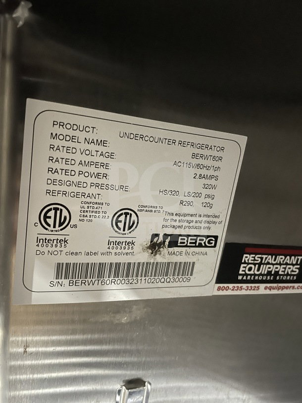 Berg Model BERWT60R stainless steel 60" 2-door prep table with poly coated rack. Label shows specs and serial number.