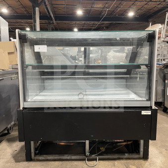 Commercial refrigerated display case with glass front and shelves, black exterior, working condition, NENKLAR logo.