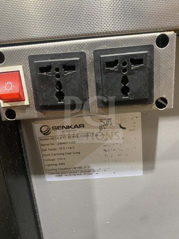 SENKAR NETA 4 FT Serve-Over Cooler, model info and power outlets shown, 110V, 45W, cooling range 0°C/+4°C, serial no. 2004011153.