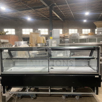 Senkar 2021 NETA8FT sliding door bakery display case, 8ft, black base, clear glass, refrigerated, on casters, model SN: 2004011151.