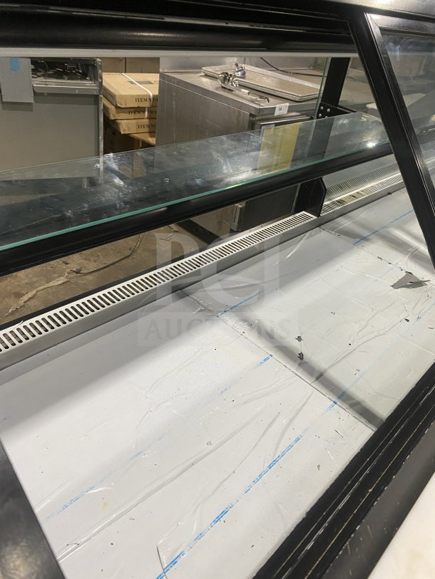 Senkar NETA8FT, 8ft sliding door display case, black base, clear glass, refrigerated, two compartments, on casters, 2021.