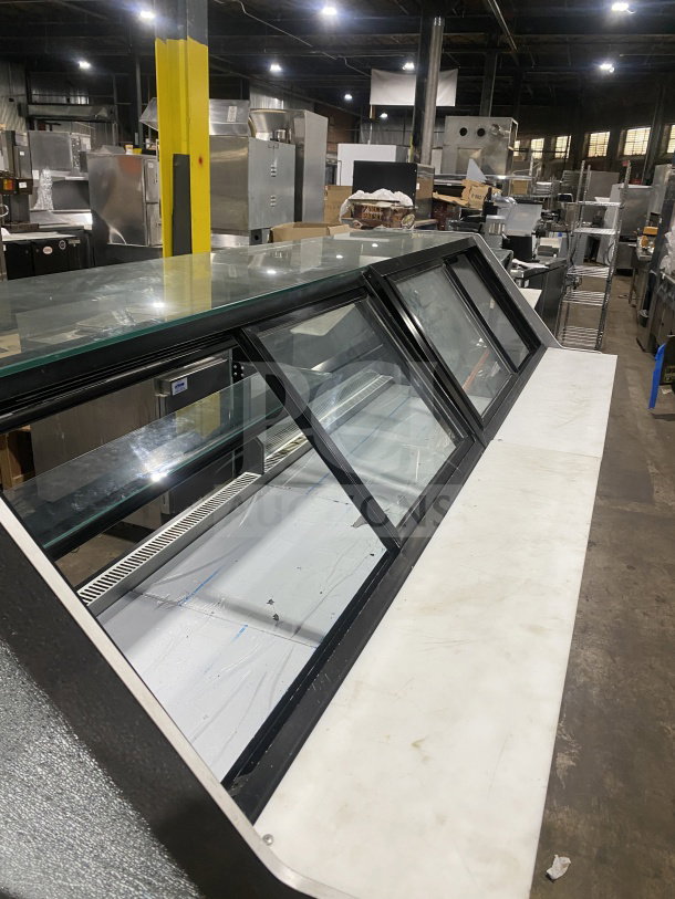 Senkar 2021 8Ft Sliding Door Display Case, Model NETA8FT, black base, double compartment, clear glass, on casters.