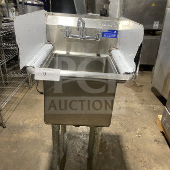 L&J commercial stainless steel hand sink with one compartment, dual side splashes, splash-mount faucet, on sturdy legs.