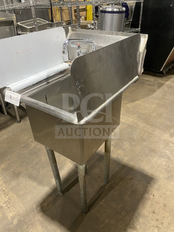 L&J stainless steel 1-compartment hand sink with dual side splashes and splash-mount faucet; working condition.