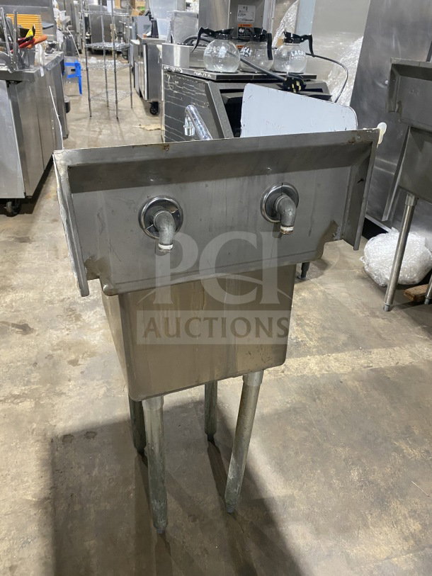 L&J commercial stainless steel 1-compartment hand sink with dual side splashes, splash-mount faucet, on legs. Good condition.