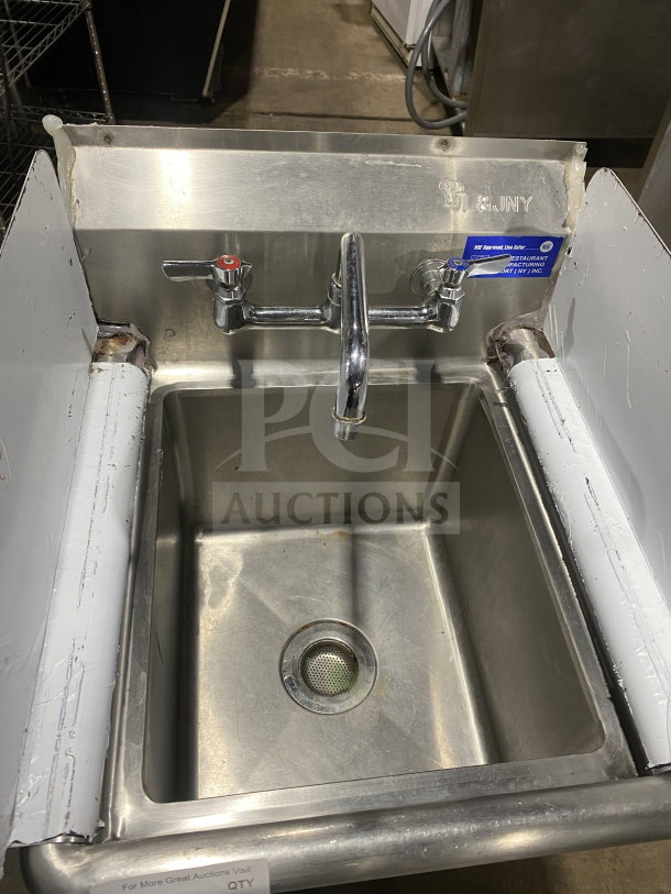 L&J commercial stainless steel hand sink with dual side splashes, splash-mount faucet, and legs. Working condition.