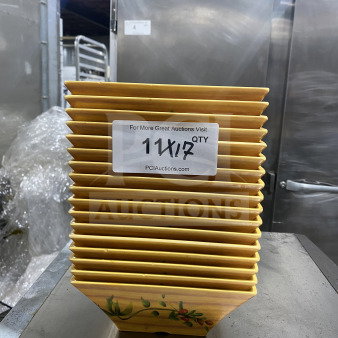 Stack of commercial heavy-duty melamine plates, harvest-yellow, unique angular geometric design, 17 plates total, mint condition.