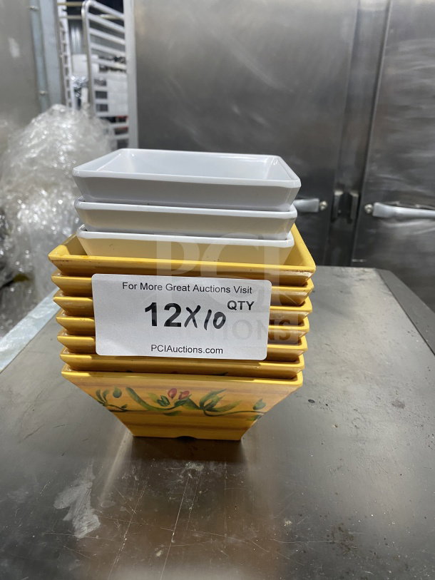 Commercial heavy-duty melamine deep bowls, square geometric design, stack of yellow and white. Auction tag: 12X/10 QTY.