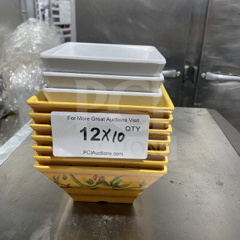 Commercial heavy-duty melamine deep bowls, square geometric design, stack of yellow and white. Auction tag: 12X/10 QTY.