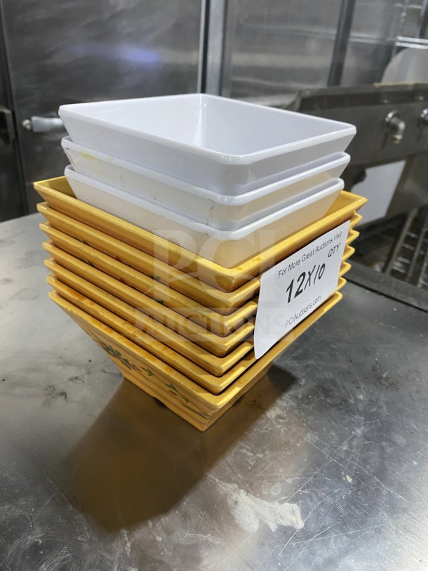 Commercial heavy-duty melamine deep bowls, square geometric design, stack of 12, gently used with visible sticker showing auction details.
