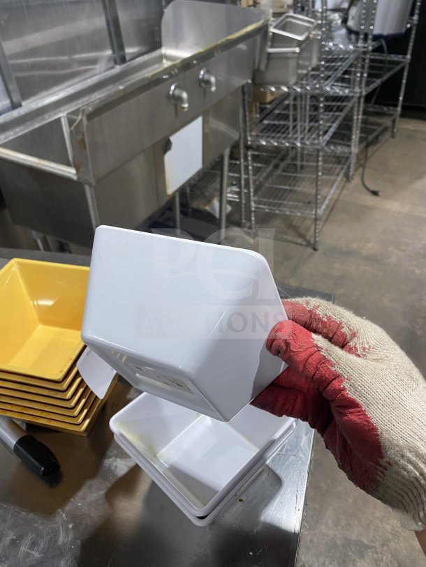 Commercial heavy-duty melamine deep bowls with unique square geometric design, shown in kitchen setting.