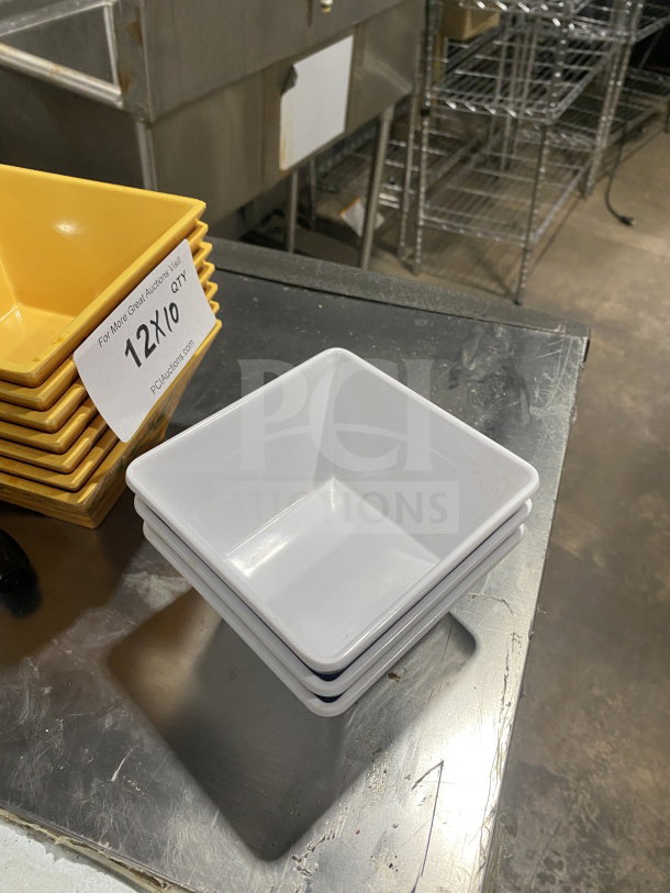 Commercial heavy-duty melamine deep bowls with unique square geometric design. Good condition. Quantity: 12.