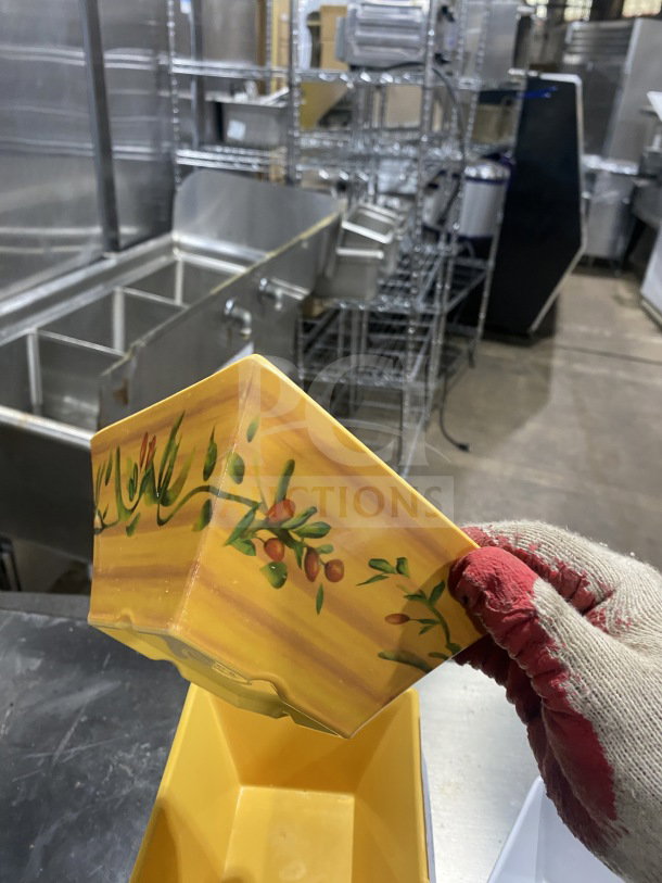 Commercial heavy-duty melamine deep bowl with a unique square geometric design, featuring a vibrant floral pattern.