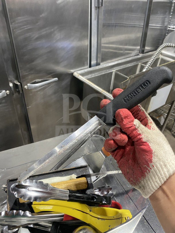 Lot of commercial kitchen smallwares and prep utensils, including Martello tongs. Used condition, all items sold together.