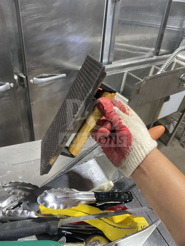 Commercial kitchen smallwares and prep utensils lot, various tongs and blades shown, used condition.