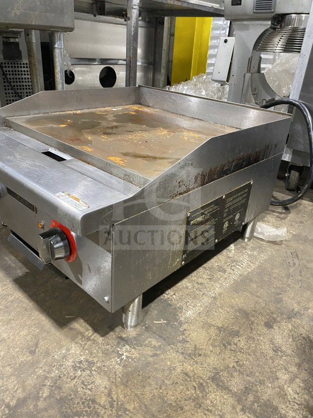 Patriot PTG24E stainless steel flat top electric grill, 2024 model, on legs, excellent condition, 110V/240V, 1 phase.