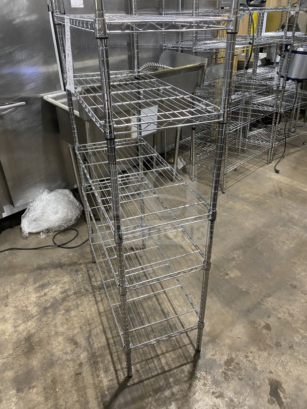 Quantum commercial carbon steel wired shelf, chrome plated, 36x16", multi-tiered, excellent condition.
