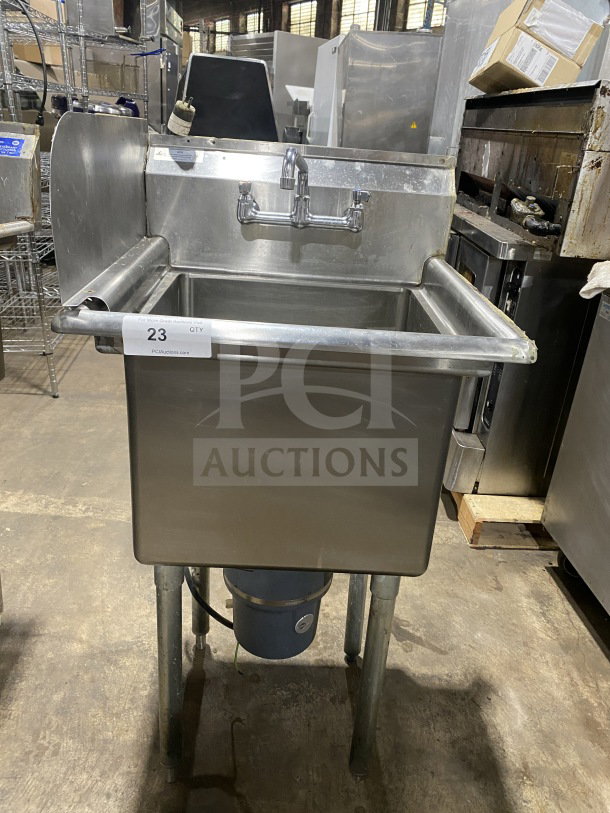 KCS stainless steel prep sink with 1 compartment, integrated garbage disposal, and splash-mount faucet, on legs.