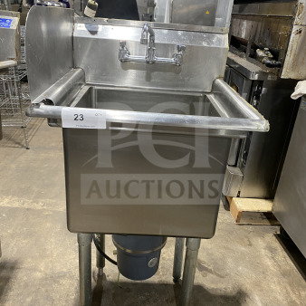 KCS stainless steel prep sink with 1 compartment, integrated garbage disposal, and splash-mount faucet, on legs.