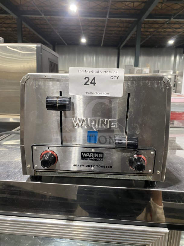 Waring Commercial WCT800 stainless steel 4-slice heavy-duty toaster, NSF certified, 120V, on legs, excellent condition.
