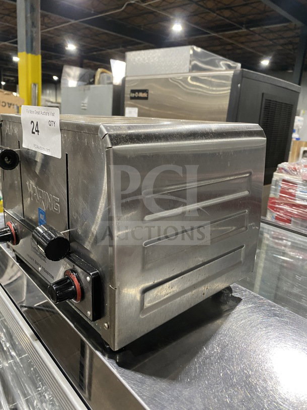 Waring Commercial WCT800 Stainless Steel 4-Slice Toaster, heavy-duty, on legs, used, working condition, 120V.