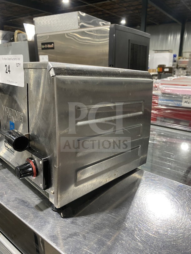 Waring Commercial stainless steel 4-slice toaster, Model WCT800. Heavy-duty, countertop design, on legs, 120V.