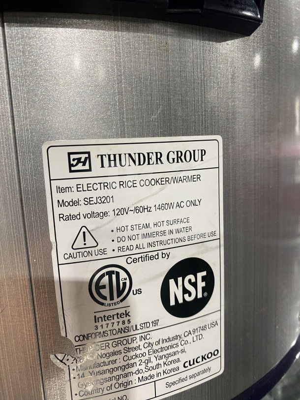 Thunder Group stainless steel 30-cup rice cooker, model SEJ3201, with hinged lid, digital controls, NSF certified.