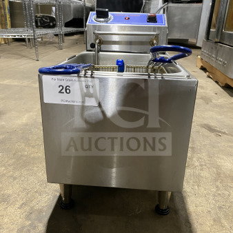 Globe PF16E stainless steel countertop electric fryer, with frying basket and backsplash, on legs, 2024 model, 208/240V.