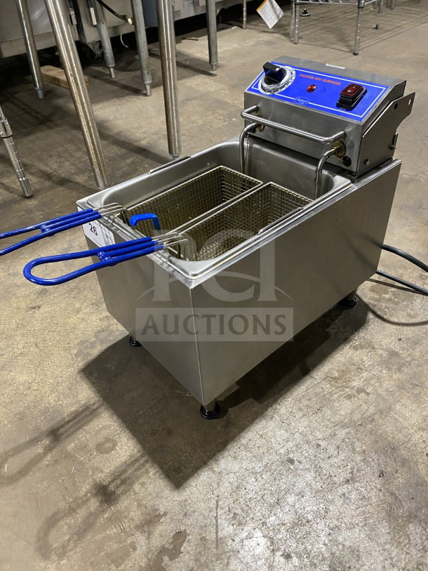 2024 Globe PF16E stainless steel electric countertop fryer with basket, backsplash, and legs. Model PF16E, 208/240V, working condition.