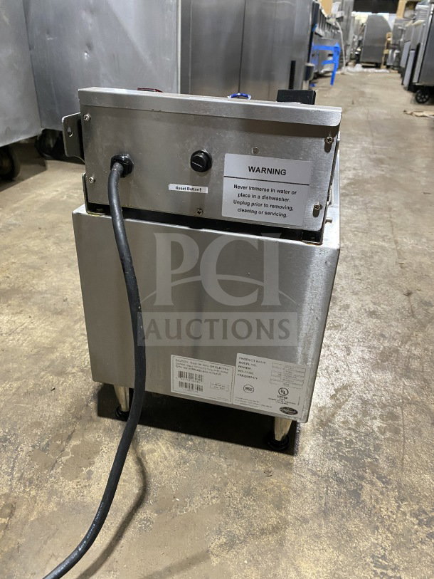 Globe PF16E stainless steel countertop deep fat fryer, 2024 model, electric, with frying basket and backsplash, on legs.