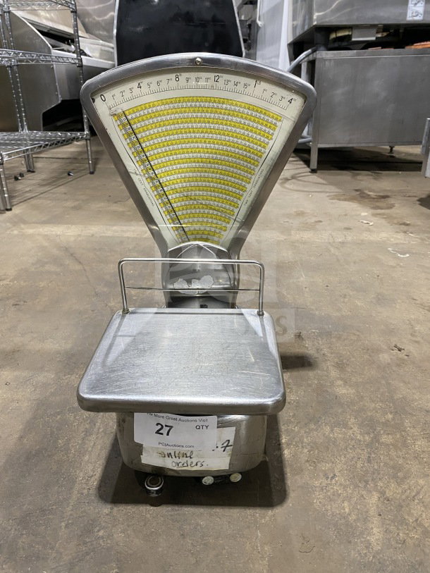 Commercial stainless steel mechanical computing fan scale, working condition, visible labels indicating past auction use.