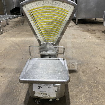 Commercial stainless steel mechanical computing fan scale, working condition, visible labels indicating past auction use.
