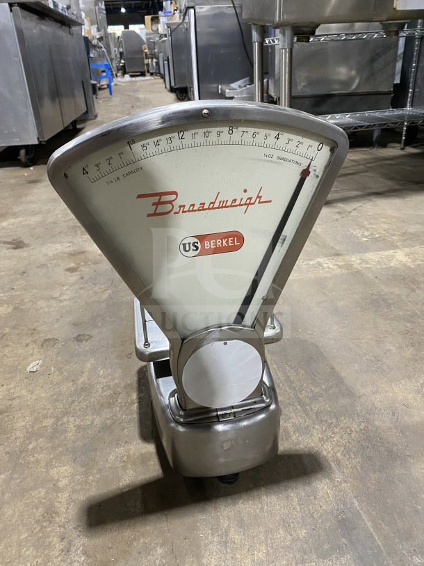 Commercial stainless steel Broadweigh US Berkel mechanical fan scale, used, visible markings, working condition.