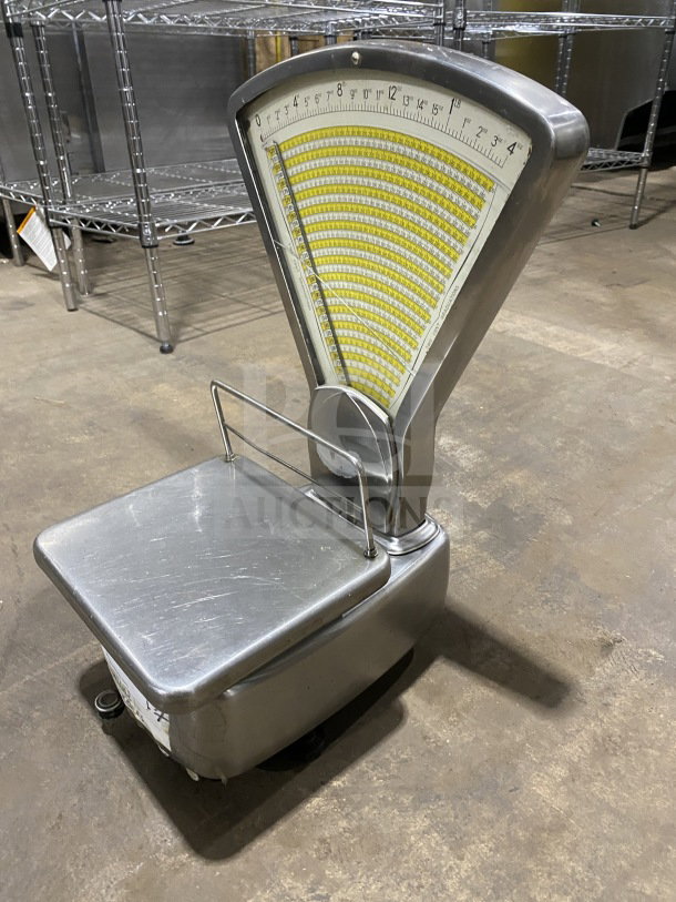 Commercial stainless steel mechanical computing fan scale, with a large dial, in good condition, previously working.