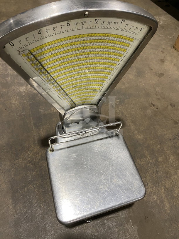 Commercial stainless steel mechanical computing fan scale with analog dial and platform. Working condition noted.