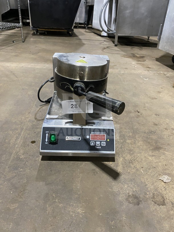 Patriot stainless steel Belgian waffle maker, Model PTUWB03, on legs, 120V, used condition, visible timer and power switch.